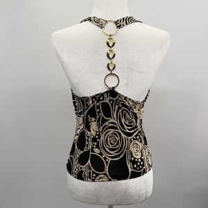 Vintage Y2K Cowl Neck Halter Top with Chain Back Detail in Black Cream Floral